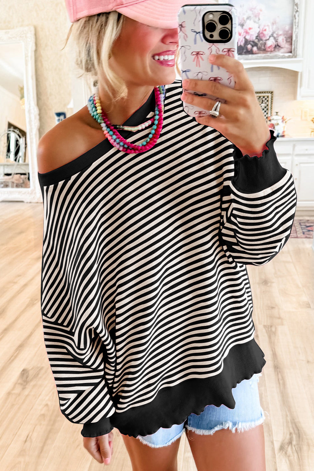 Blue Zone Planet | Pink Stripe Loose Drop Shoulder Long Sleeve Top-Tops/Long Sleeve Tops-[Adult]-[Female]-2022 Online Blue Zone Planet