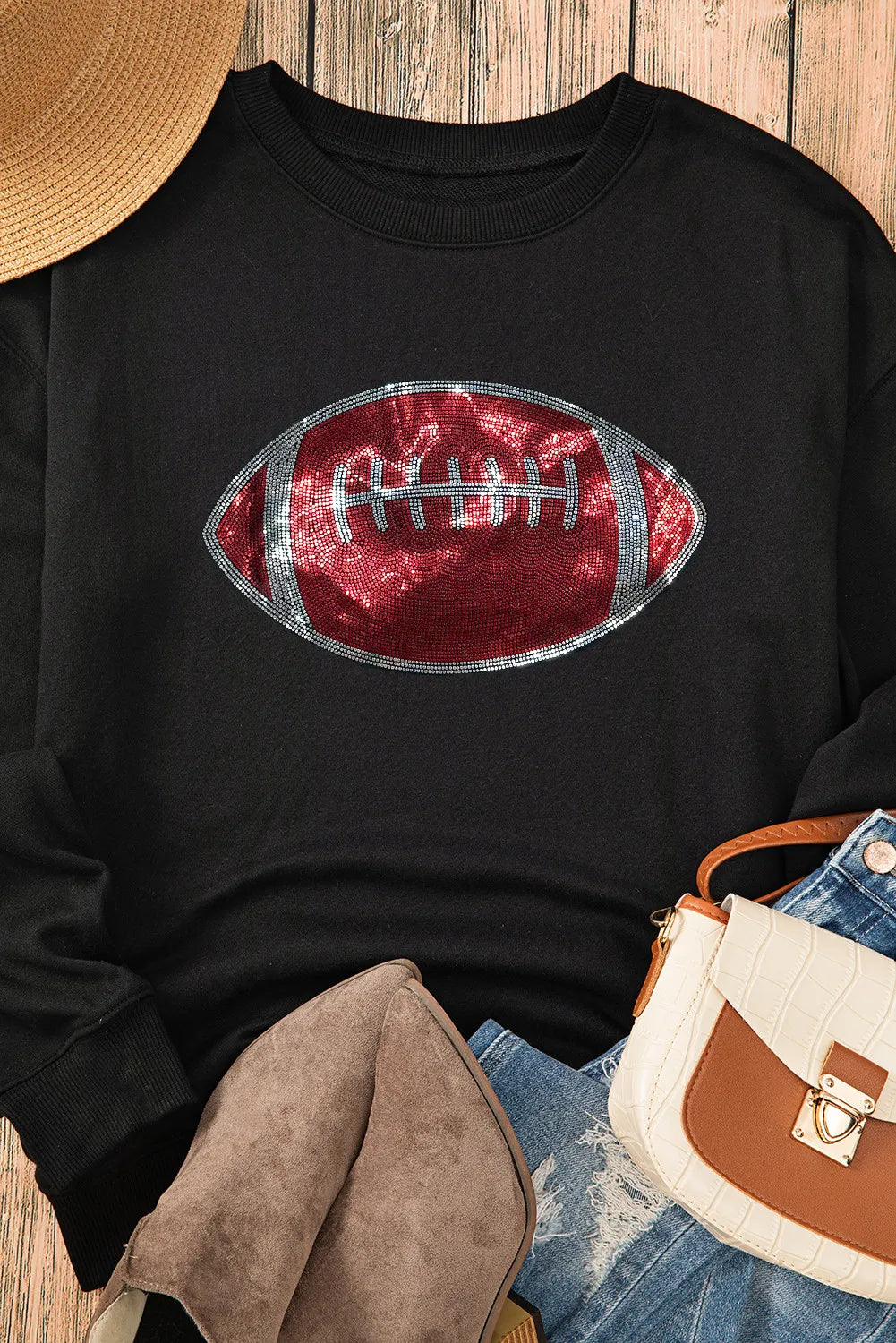 Sequin Football Long Sleeve Sweatshirt-TOPS / DRESSES-[Adult]-[Female]-2022 Online Blue Zone Planet