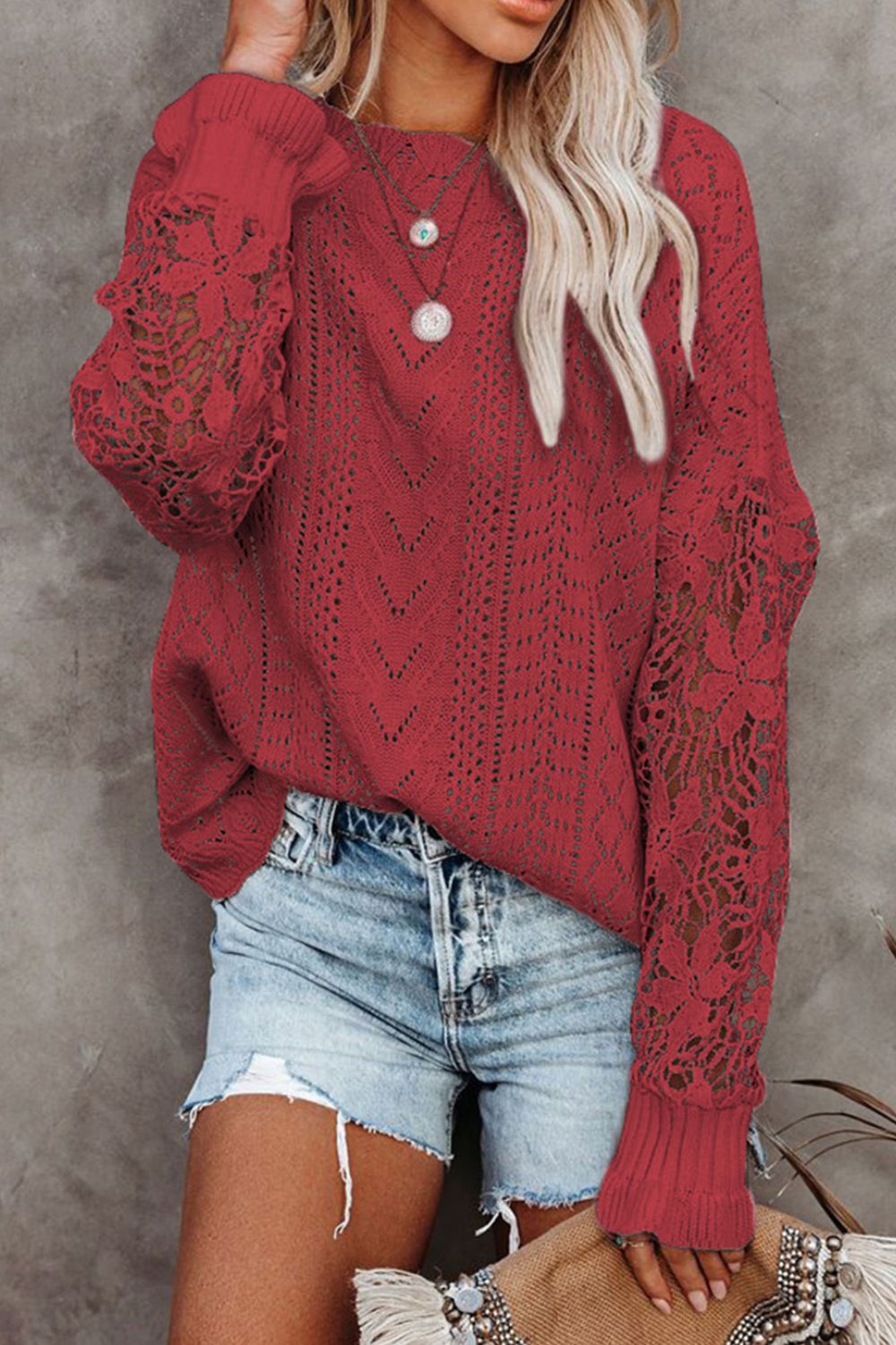 Openwork Round Neck Long Sleeve Sweater-TOPS / DRESSES-[Adult]-[Female]-Rust-S-2022 Online Blue Zone Planet