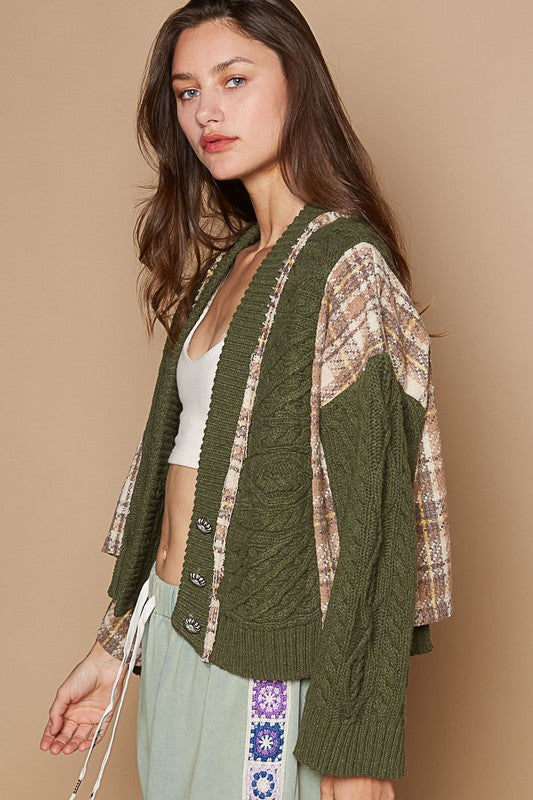 POL Cable-Knit Plaid V-Neck Button Up Cardigan-TOPS / DRESSES-[Adult]-[Female]-2022 Online Blue Zone Planet