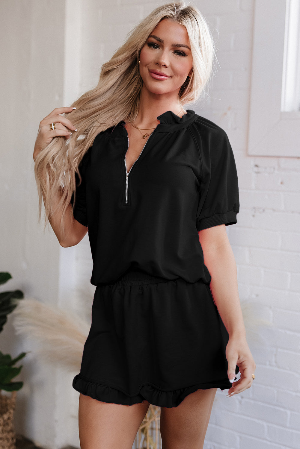 Black Half Zip Puff Sleeve Top and Ruffled Shorts Set-Two Piece Sets/Short Sets-[Adult]-[Female]-Black-S-2022 Online Blue Zone Planet