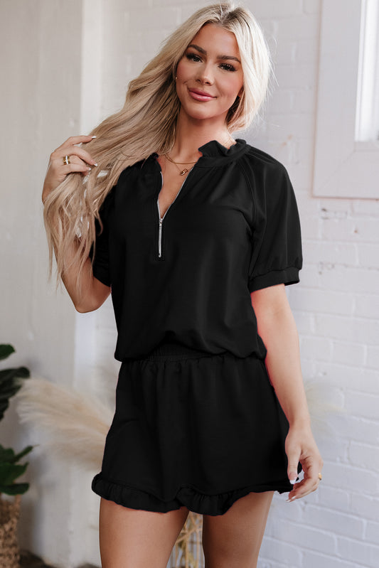 Black Half Zip Puff Sleeve Top and Ruffled Shorts Set-Two Piece Sets/Short Sets-[Adult]-[Female]-Black-S-2022 Online Blue Zone Planet