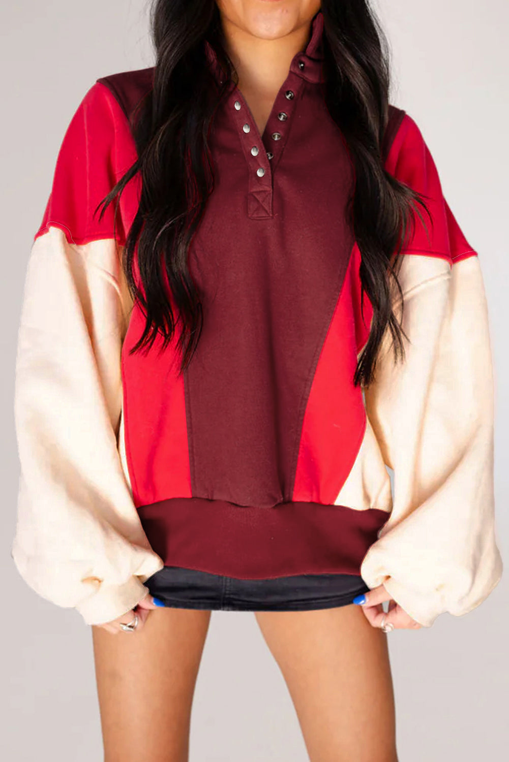 Fiery Red Color Block Patchwork Snap Button Oversize Hoodie-Tops / Dresses-[Adult]-[Female]-Fiery Red-S-2022 Online Blue Zone Planet