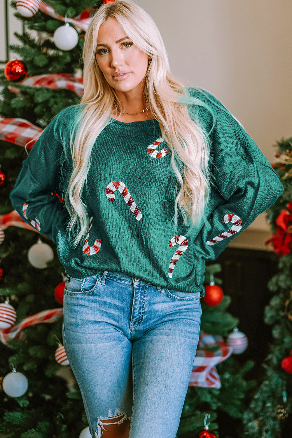 Green Sequined Candy Canes Gingerbread Man Sweater-Sweaters & Cardigans/Sweaters-[Adult]-[Female]-Green-S-2022 Online Blue Zone Planet