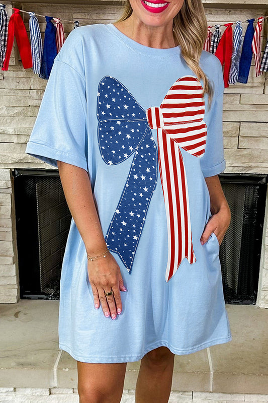 Beau Blue Patriotic Big Bow Stitched T Shift Mini Dress-TOPS / DRESSES-[Adult]-[Female]-Beau Blue-S-2022 Online Blue Zone Planet