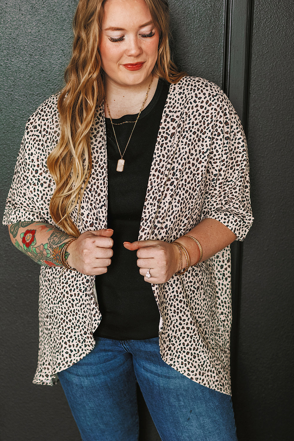 Khaki Plus Size Leopard Print Half Sleeve Open Front Cardigan-Sale (50% OFF)/20% OFF-[Adult]-[Female]-2022 Online Blue Zone Planet