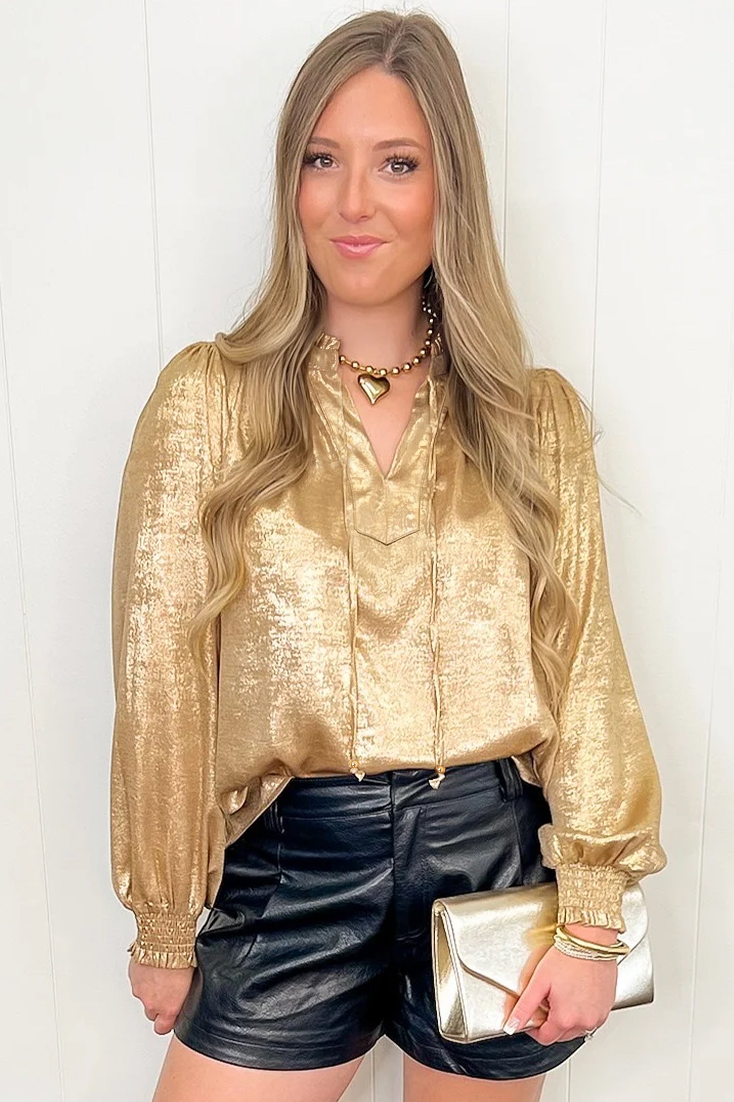 Gold Metallic Sheen V Neck Gathered Cuff Long Sleeve Blouse-Tops/Blouses & Shirts-[Adult]-[Female]-2022 Online Blue Zone Planet