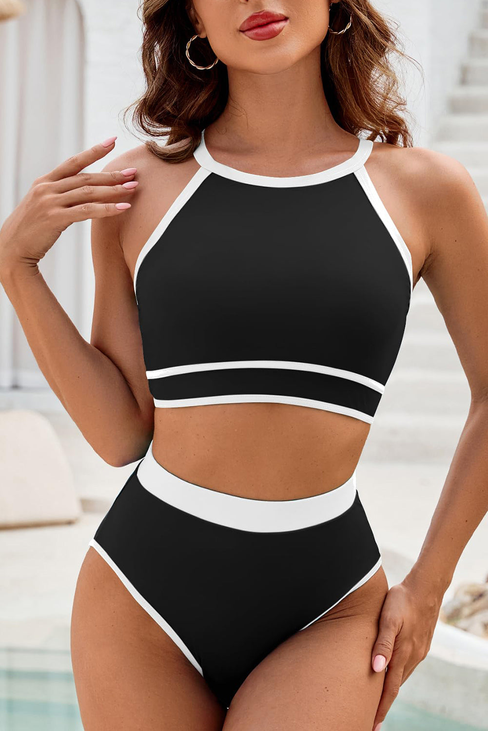 Black Contrast Trim Crisscross Back High Waisted Bikini Blue Zone Planet