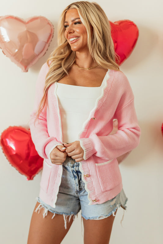 Blue Zone Planet | Pink Ribbed Knit Scalloped Edge Side Pockets Buttoned Cardigan-Sweaters & Cardigans/Cardigans-[Adult]-[Female]-Pink-S-2022 Online Blue Zone Planet