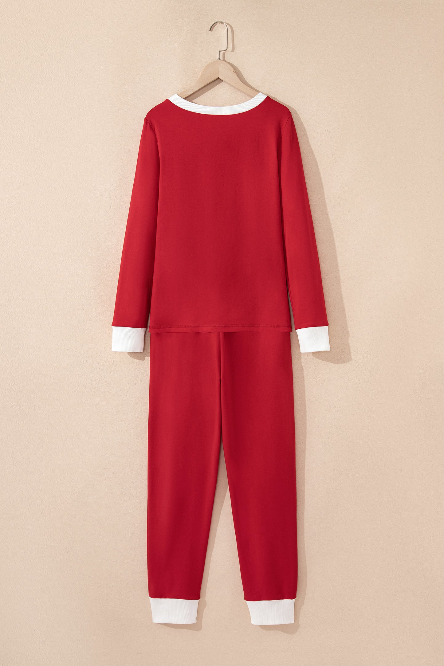 Fiery Red Contrast Trim Button V Neck Ribbon Bow Knot Waist 2pcs Lounge Pant Set-Loungewear & Sleepwear/Loungewear-[Adult]-[Female]-2022 Online Blue Zone Planet