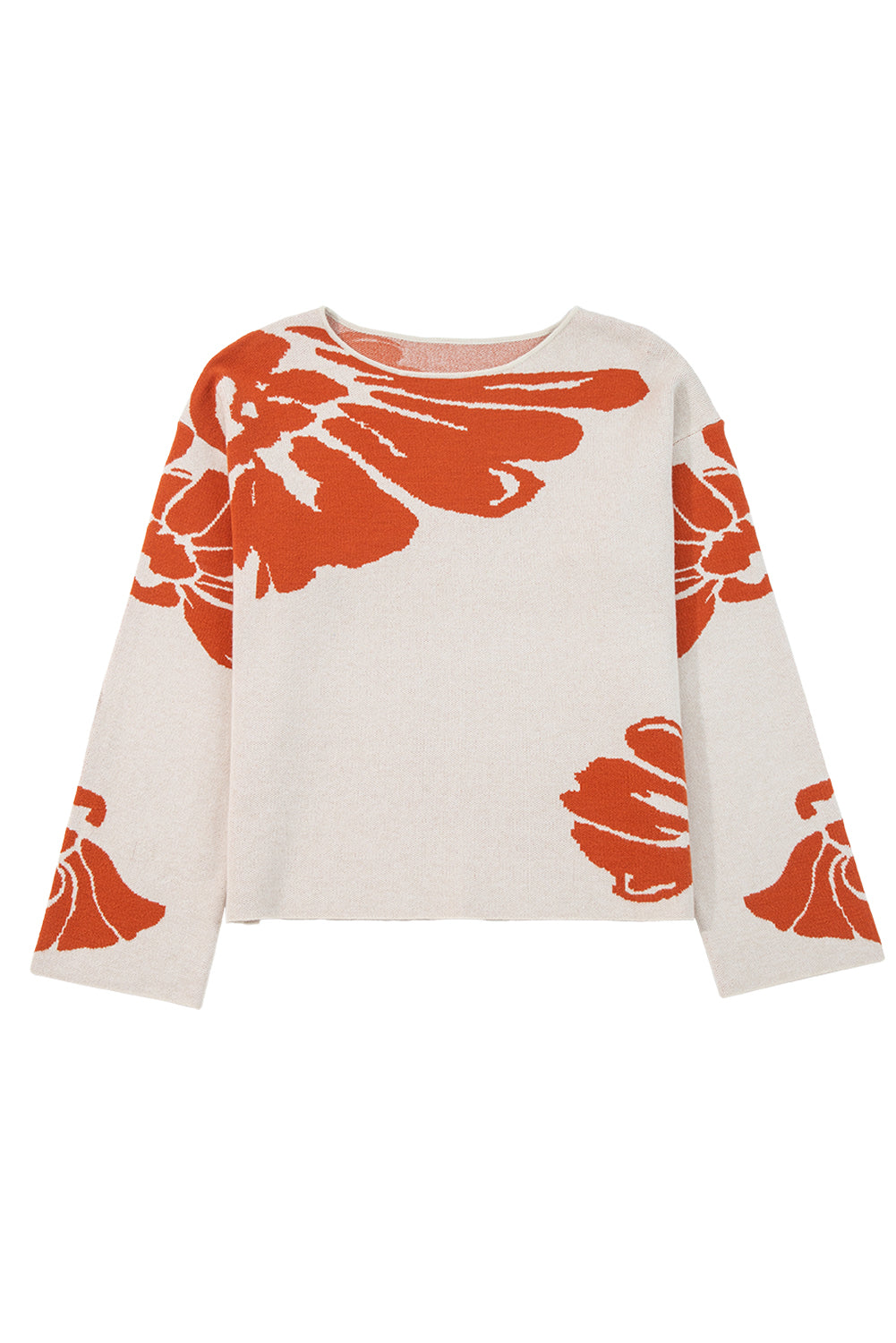 Beige Bold Flower Pattern Wide Sleeve Baggy Sweater-Sweaters & Cardigans/Sweaters-[Adult]-[Female]-2022 Online Blue Zone Planet