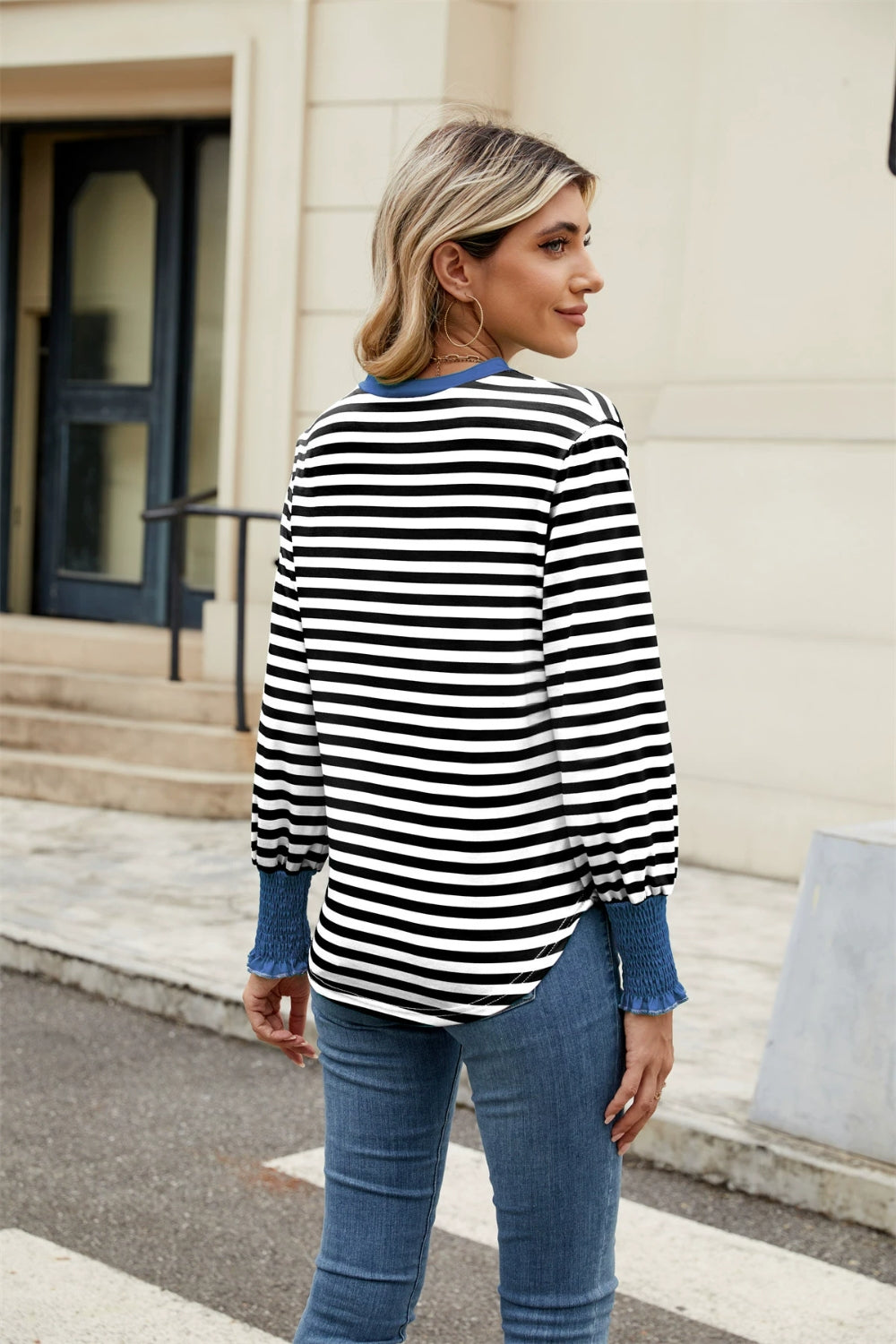 Contrast Striped Notched Long Sleeve Top-TOPS / DRESSES-[Adult]-[Female]-2022 Online Blue Zone Planet