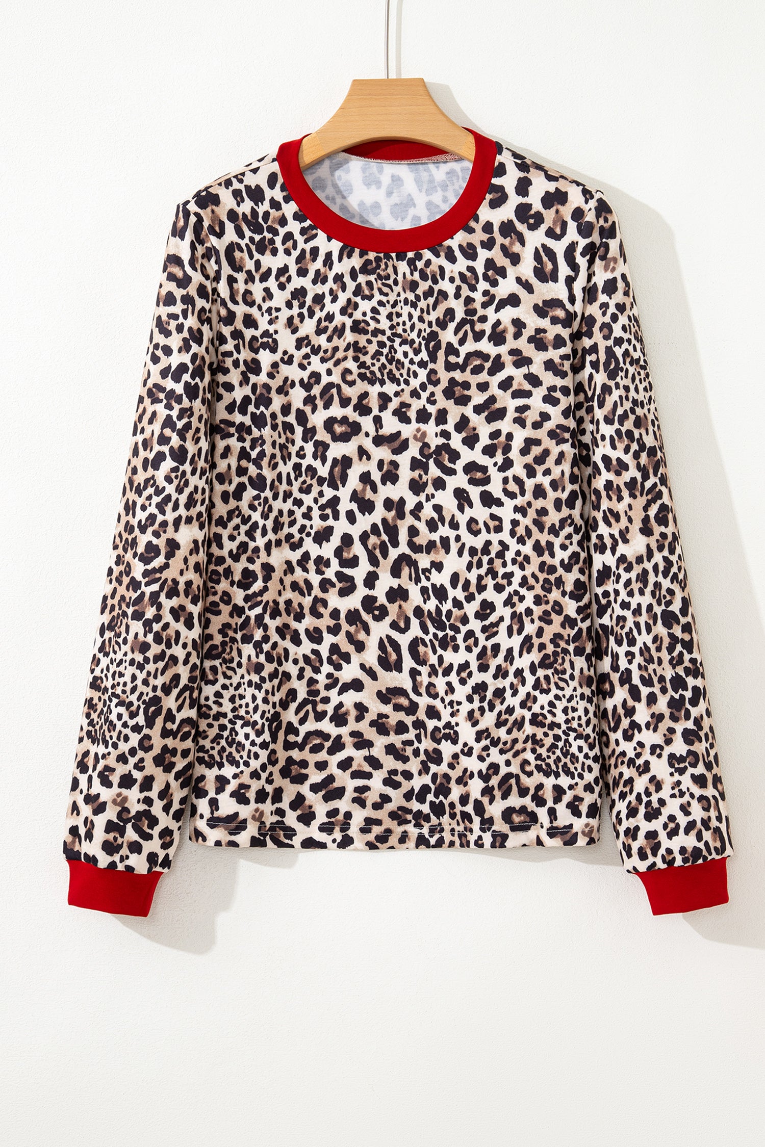 Brown Leopard Print Contrast Trim Round Neck Long Sleeve Top-Tops/Long Sleeve Tops-[Adult]-[Female]-2022 Online Blue Zone Planet
