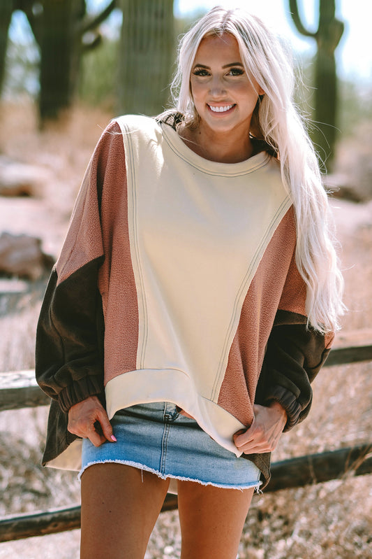 Beige Oversized Color Block Patchwork High Low Hoodie-Tops/Sweatshirts & Hoodies-[Adult]-[Female]-Beige-S-2022 Online Blue Zone Planet