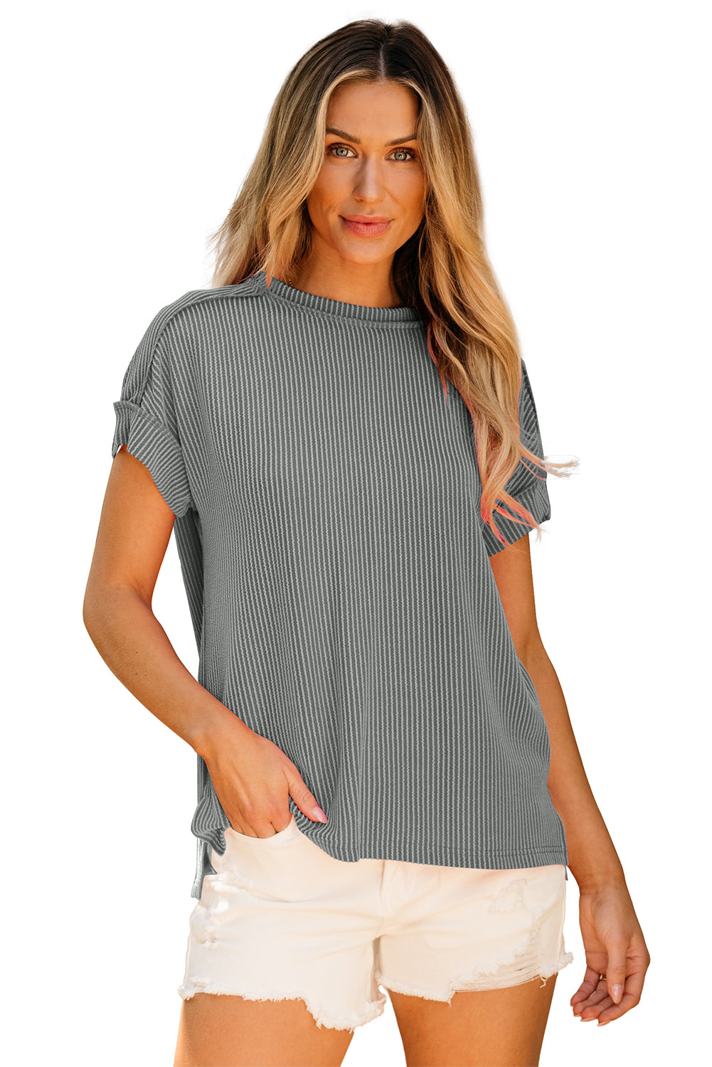 Black Textured Knit Exposed Stitching T-Shirt-Tops/Tops & Tees-[Adult]-[Female]-2022 Online Blue Zone Planet