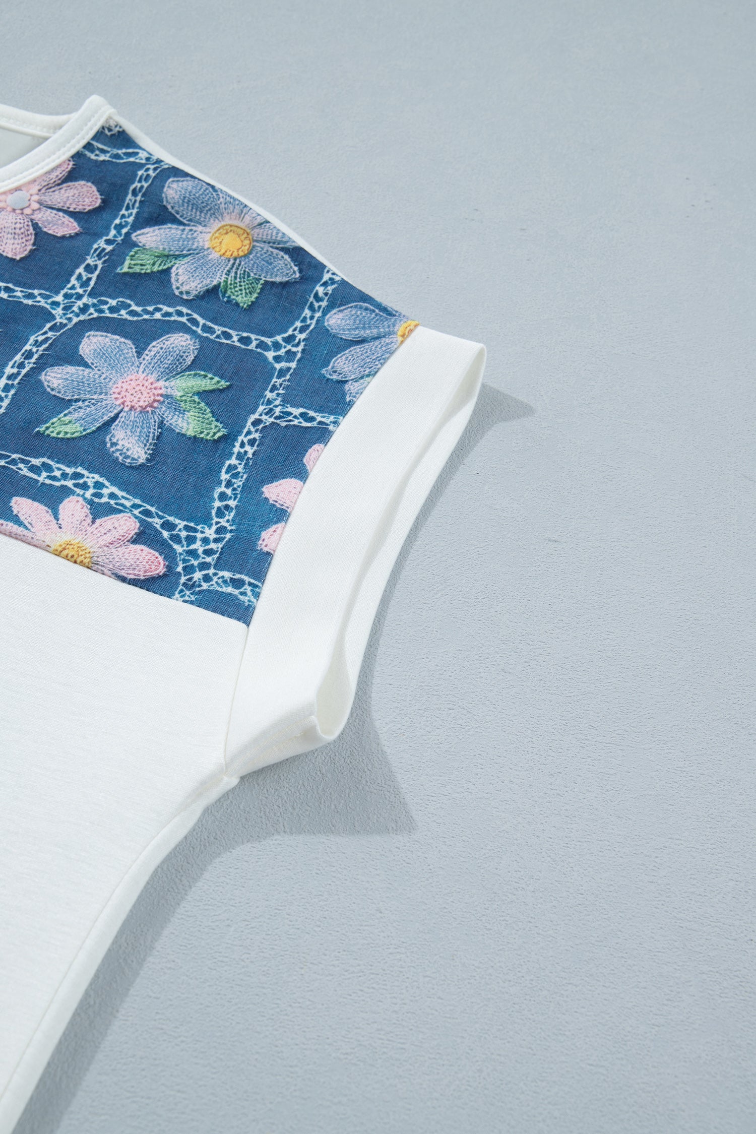 White Floral Patchwork Short Sleeve Viscose Blend Blouse-Tops/Blouses & Shirts-[Adult]-[Female]-2022 Online Blue Zone Planet