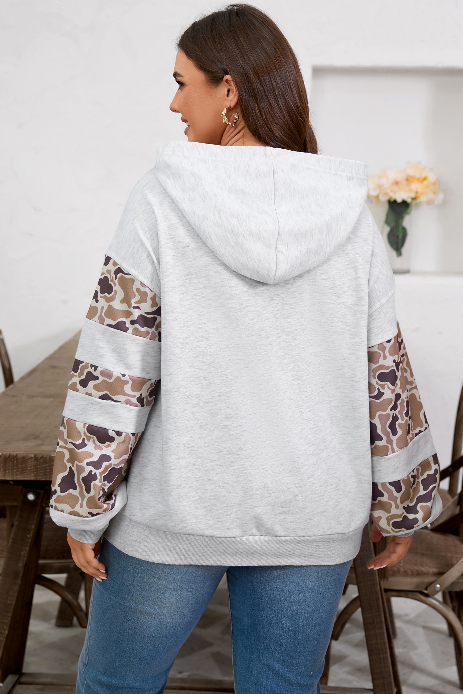 Light Grey Camouflage Patchwork Asymmetric Sleeve Plus Size Hoodie-Tops / Dresses-[Adult]-[Female]-2022 Online Blue Zone Planet