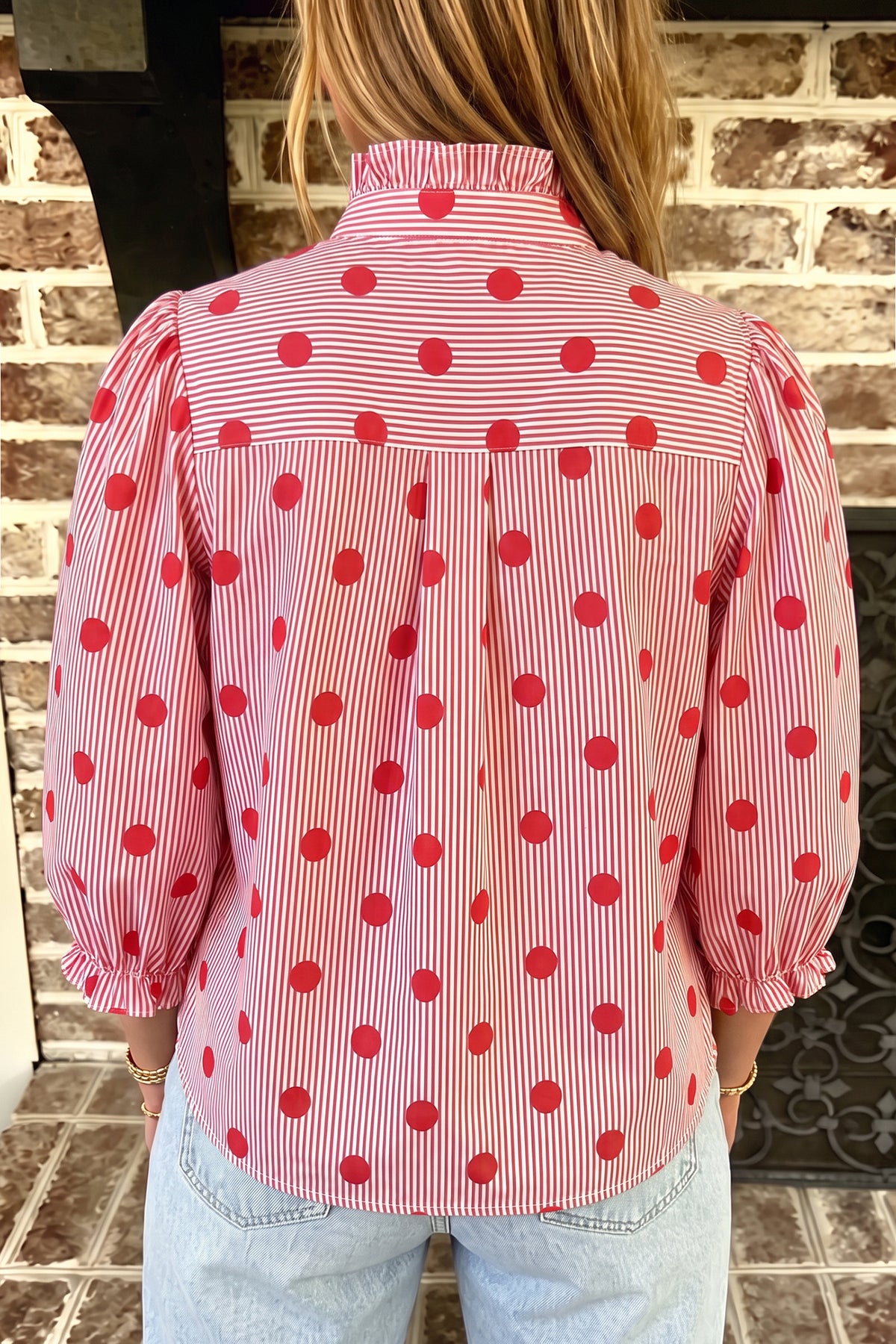 Fiery Red Polka Dot Striped Print Ruffle Stand Neck 3/4 Sleeve Shift Shirt-Tops/Blouses & Shirts-[Adult]-[Female]-2022 Online Blue Zone Planet
