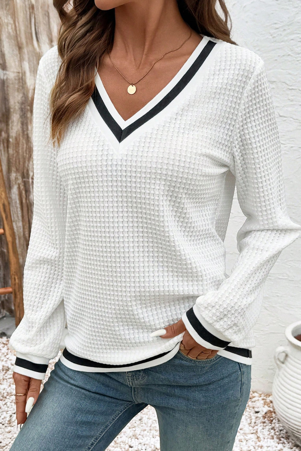 White Textured Knit Preppy Striped Trim V Neck Pullover Waffle Top-Tops/Long Sleeve Tops-[Adult]-[Female]-2022 Online Blue Zone Planet