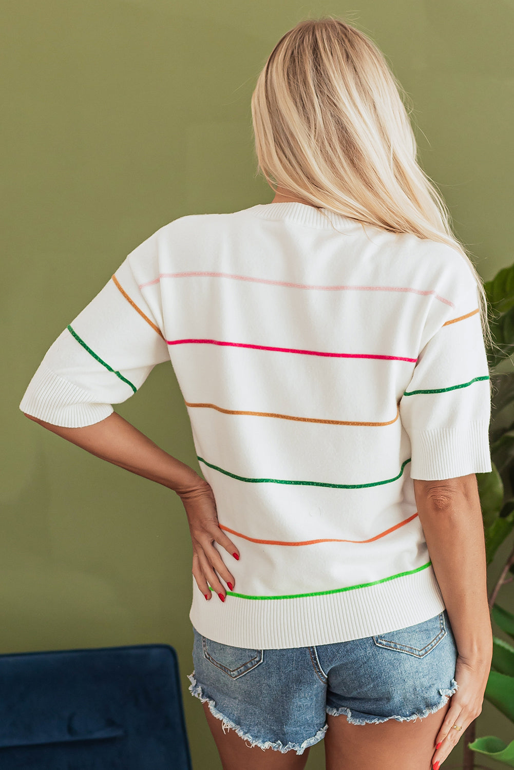 Blue Zone Planet | White Colorblock Striped Half Sleeve Drop Shoulder Sweater-Sweaters & Cardigans/Short Sleeve Sweaters-[Adult]-[Female]-2022 Online Blue Zone Planet