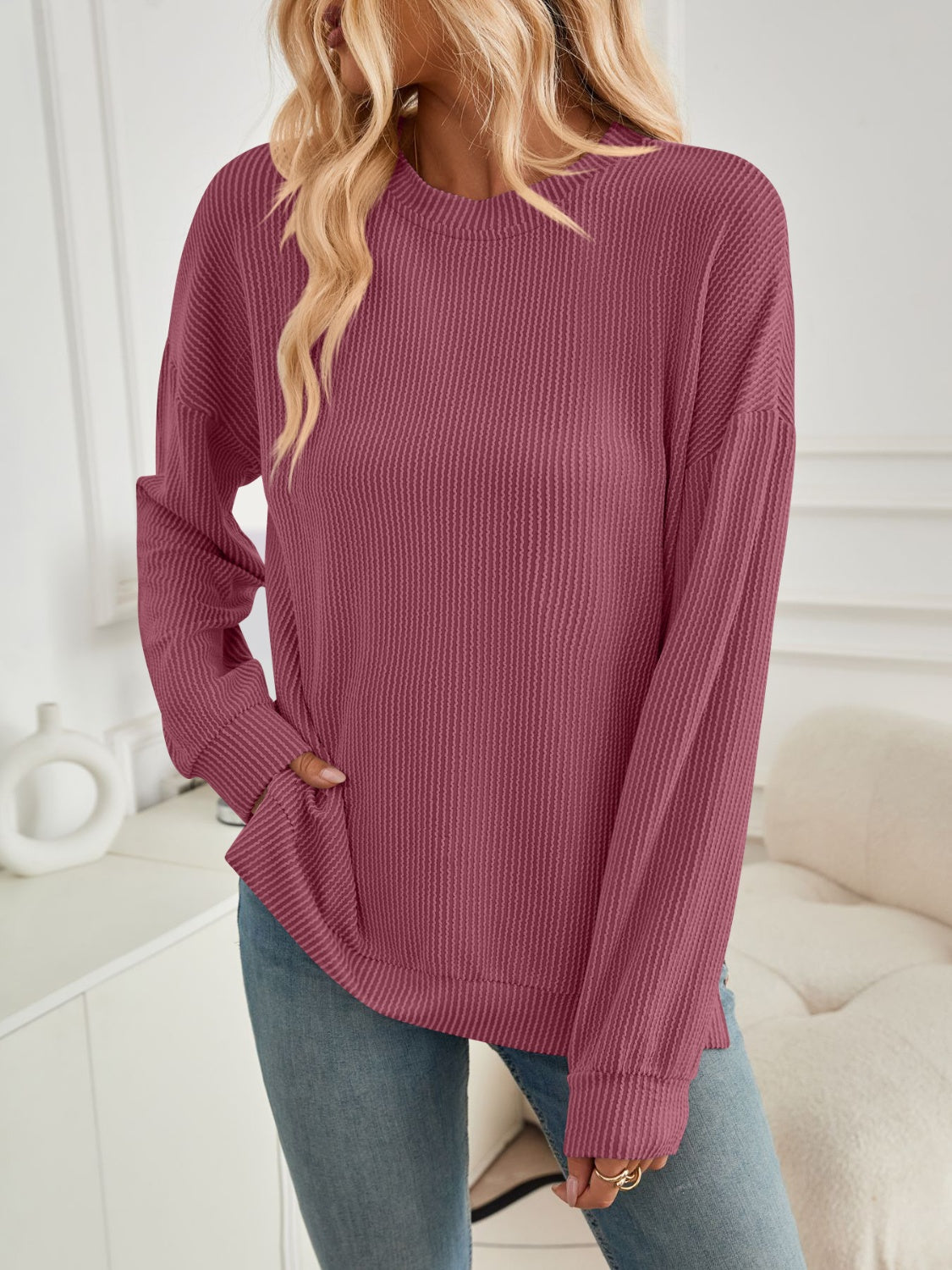 Blue Zone Planet | Lovelet Slit Round Neck Long Sleeve Sweatshirt-TOPS / DRESSES-[Adult]-[Female]-2022 Online Blue Zone Planet