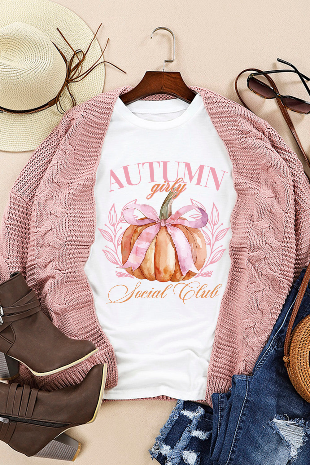 White Autumn Girly Thanksgiving Bowknot Pumpkin Graphic T Shirt-Graphic/Graphic Tees-[Adult]-[Female]-2022 Online Blue Zone Planet