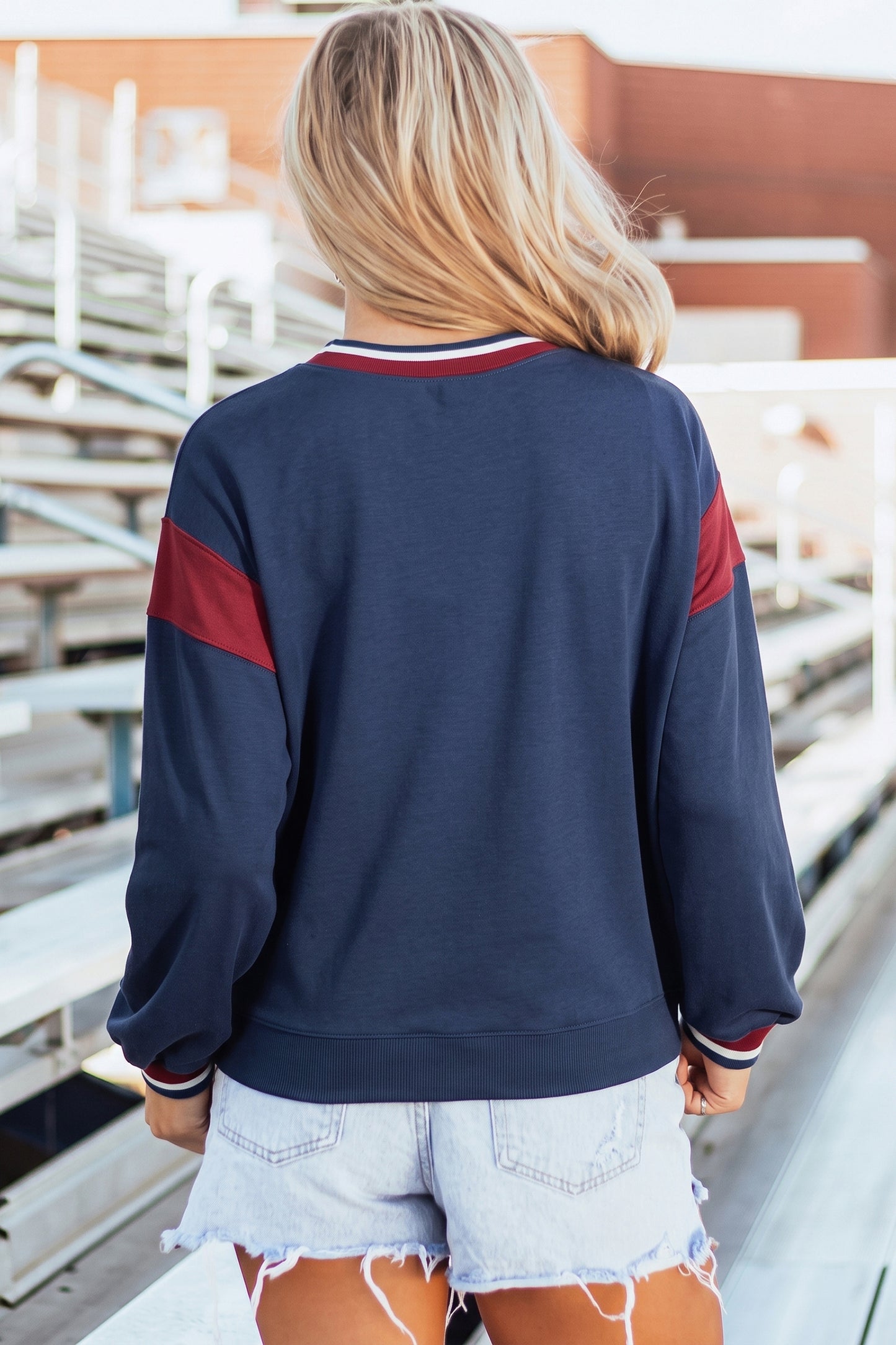 Sail Blue Patchwork Round Neck Long Sleeve Sweatshirt-Tops/Sweatshirts & Hoodies-[Adult]-[Female]-2022 Online Blue Zone Planet