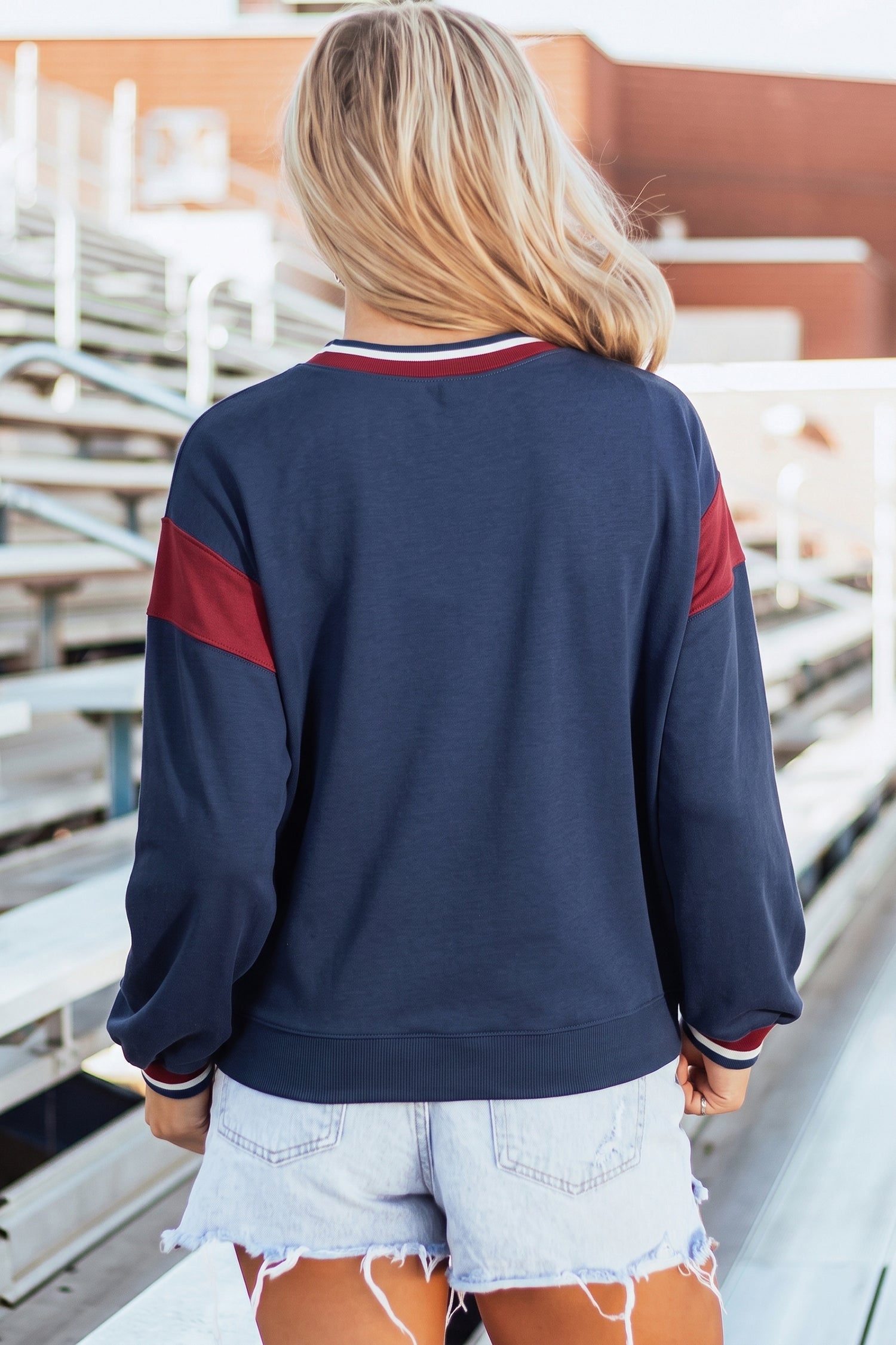 Sail Blue Patchwork Round Neck Long Sleeve Sweatshirt-Tops/Sweatshirts & Hoodies-[Adult]-[Female]-2022 Online Blue Zone Planet