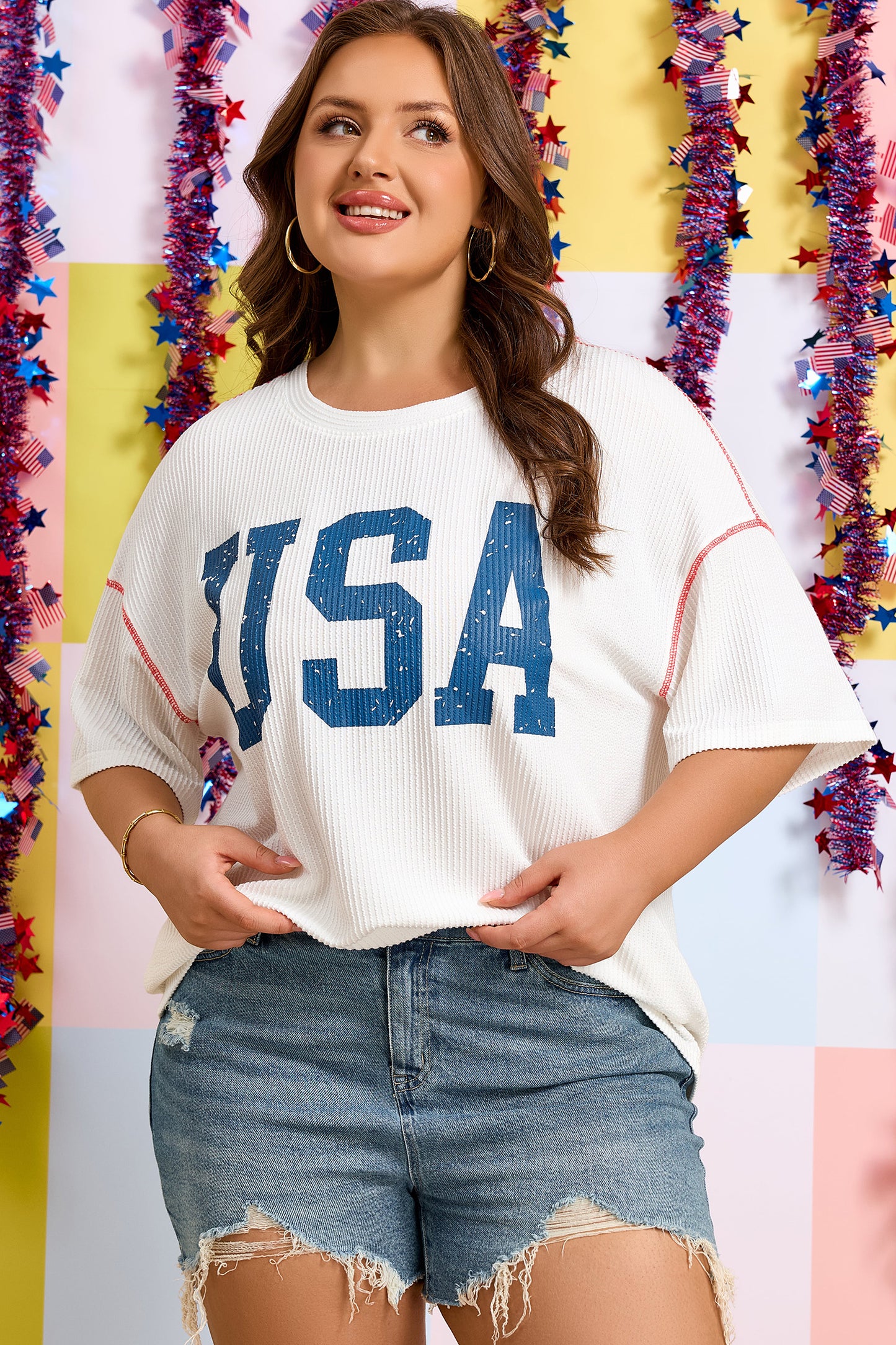 White Plus Size Twisted Rib Vintage Usa Letter Printed T Shirt-Plus Size/Plus Size Tops/Plus Size Tops & Tees-[Adult]-[Female]-2022 Online Blue Zone Planet