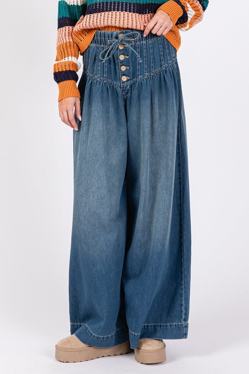 SAGE+FIG Smocked Waist Band Wide Leg Jeans-BOTTOMS SIZES SMALL MEDIUM LARGE-[Adult]-[Female]-2022 Online Blue Zone Planet