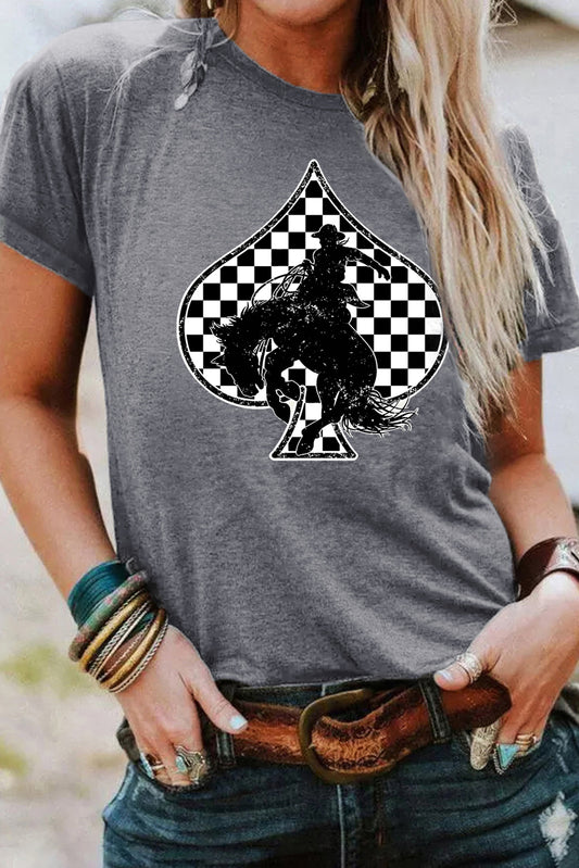 Gray Redeo Check Spades Western Graphic T Shirt-Graphic/Graphic Tees-[Adult]-[Female]-Gray-S-2022 Online Blue Zone Planet