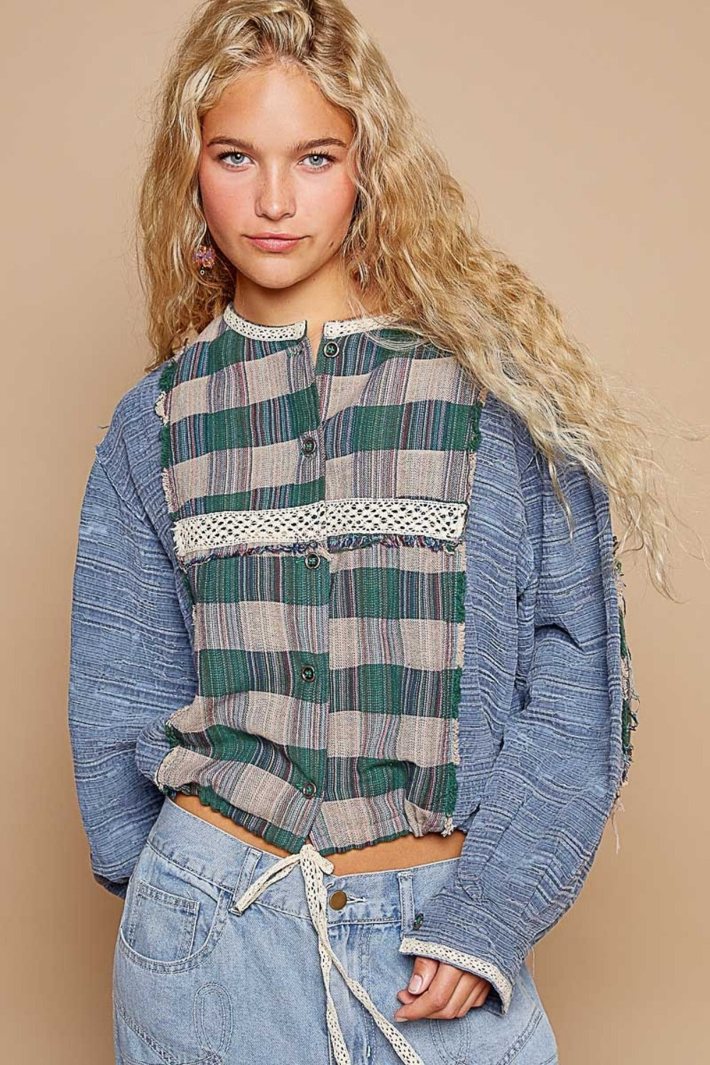 Blue Zone Planet | POL Round Neck Long Sleeve Plaid Shirt-TOPS / DRESSES-[Adult]-[Female]-2022 Online Blue Zone Planet