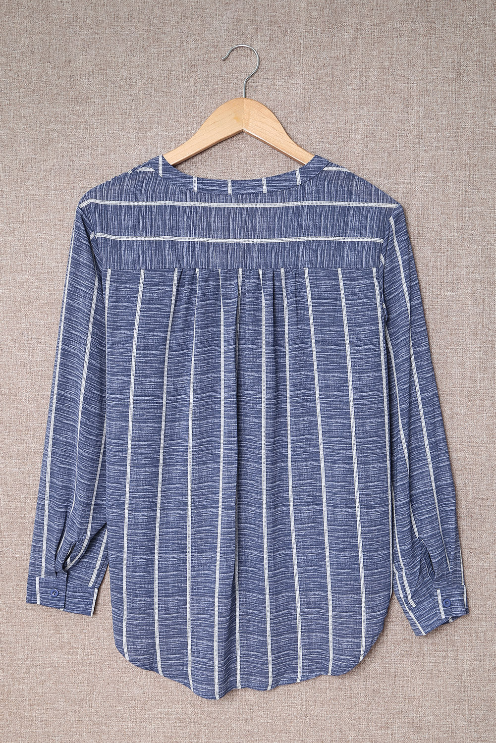 Blue Striped Print V Neck Half Buttons Loose Blouse-Tops/Blouses & Shirts-[Adult]-[Female]-2022 Online Blue Zone Planet