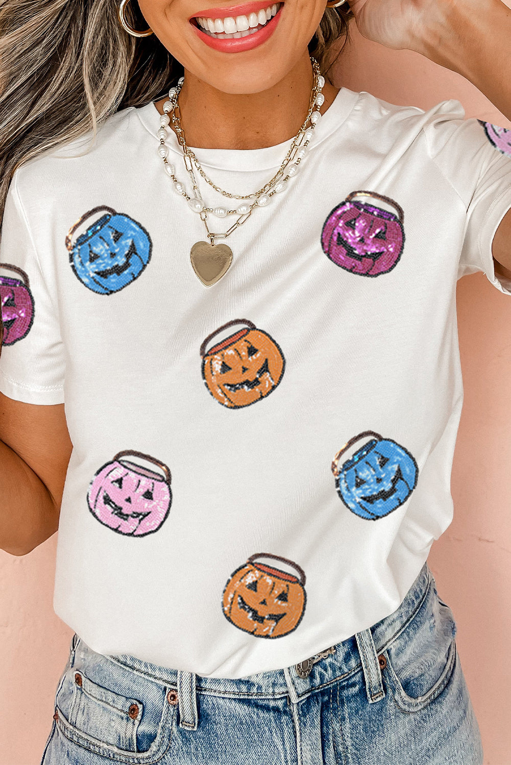 White Sequin Pumpkin Face Patched Crew Neck Holiday T Shirt-Graphic/Graphic Tees-[Adult]-[Female]-2022 Online Blue Zone Planet