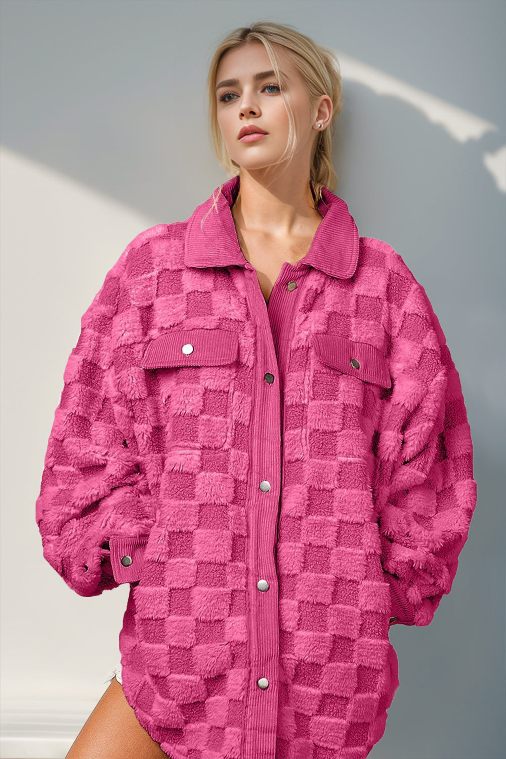 Blue Zone Planet | Double Take Button Up Fuzzy Checkered Shacket-TOPS / DRESSES-[Adult]-[Female]-Hot Pink-S-2022 Online Blue Zone Planet