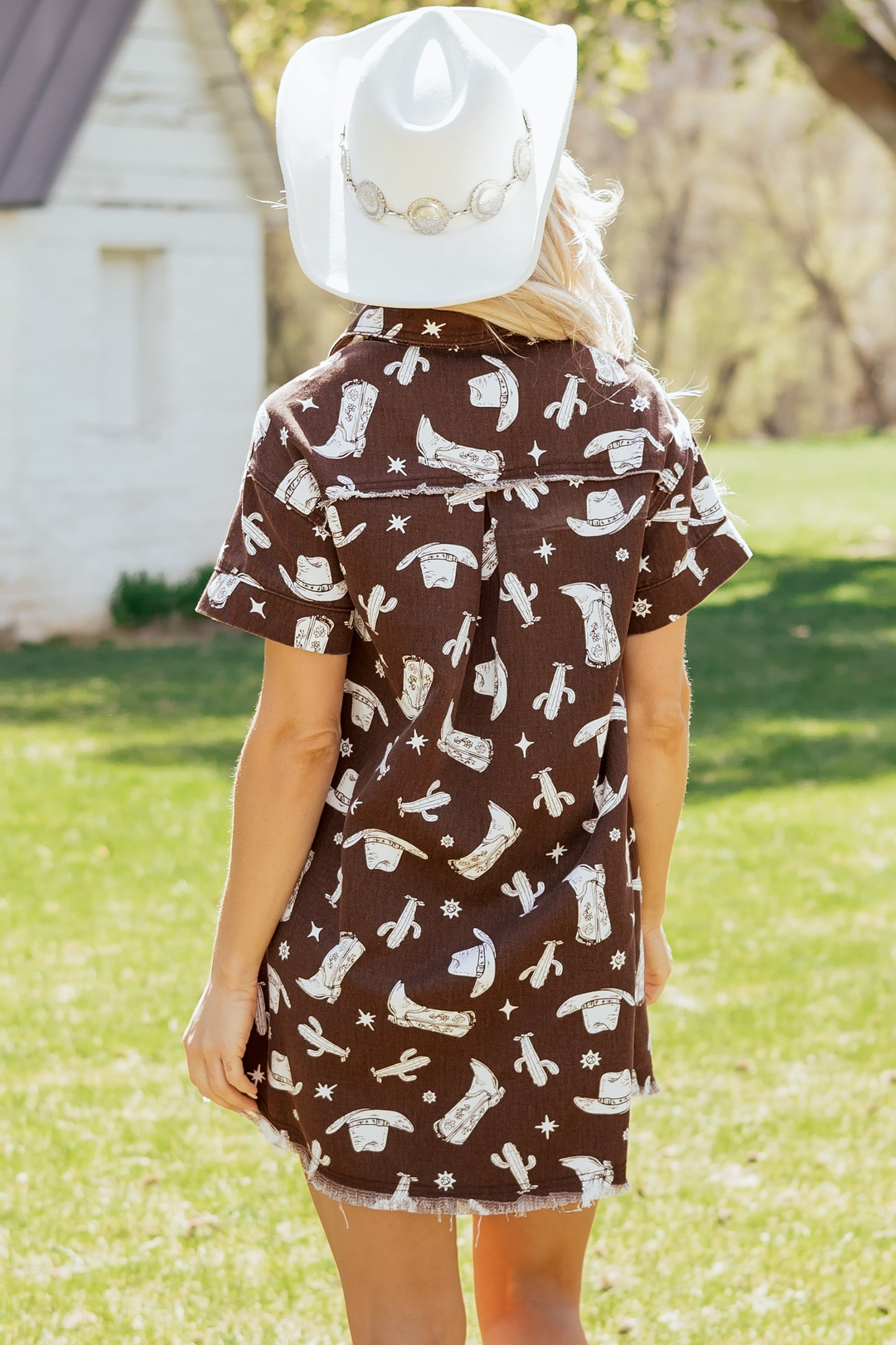 Brown Cowgirl Hats Boots Cactus Print Raw Edge Button Down Short Denim Dress-TOPS / DRESSES-[Adult]-[Female]-2022 Online Blue Zone Planet