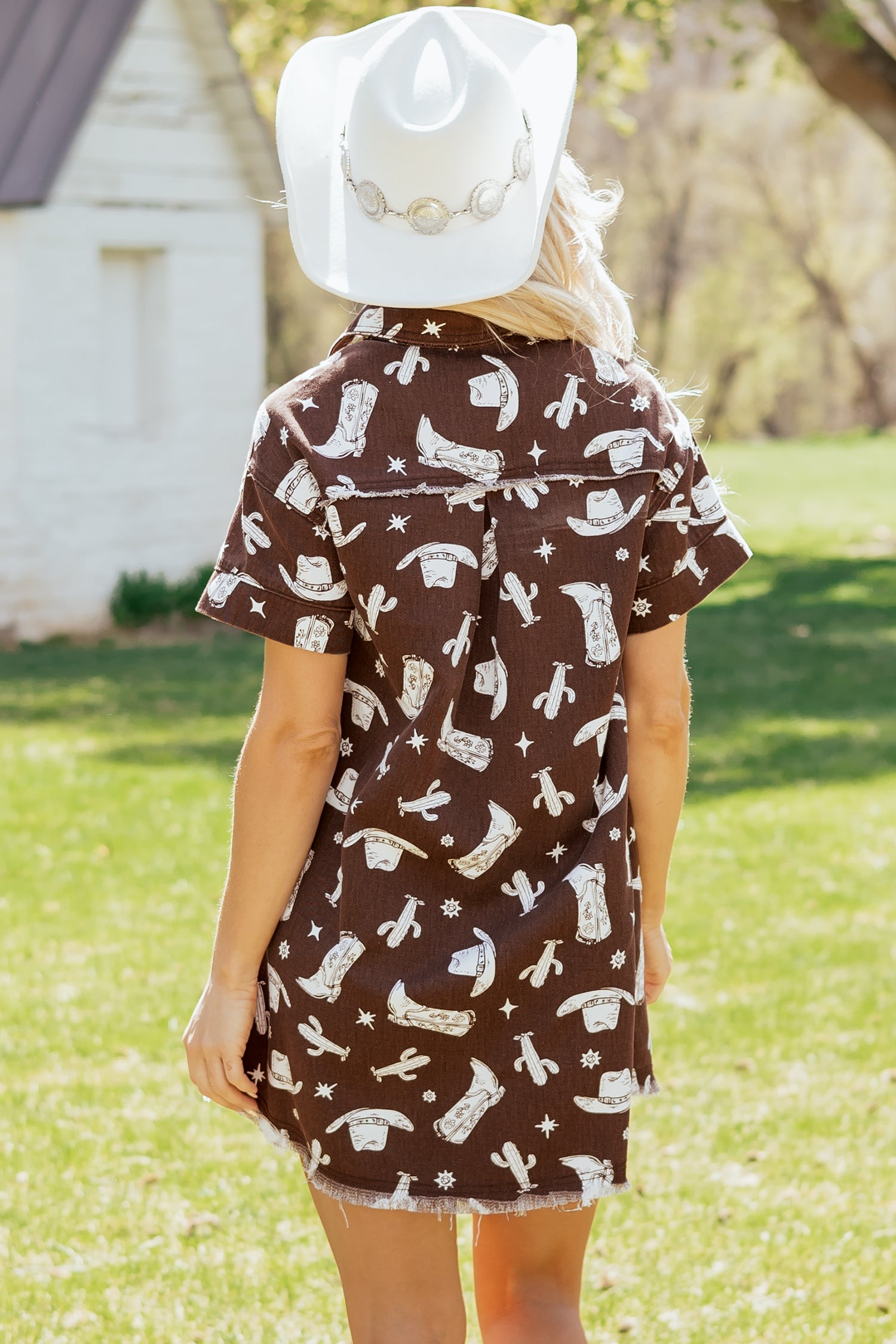 Brown Cowgirl Hats Boots Cactus Print Raw Edge Button Down Short Denim Dress-TOPS / DRESSES-[Adult]-[Female]-2022 Online Blue Zone Planet