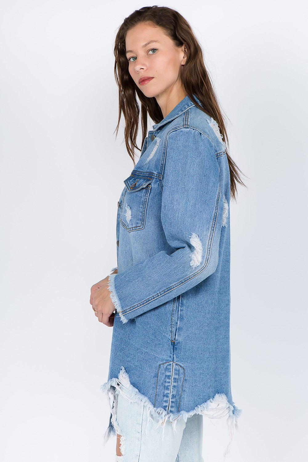 American Bazi Distressed Frayed Hem Denim Jacket-TOPS / DRESSES-[Adult]-[Female]-2022 Online Blue Zone Planet