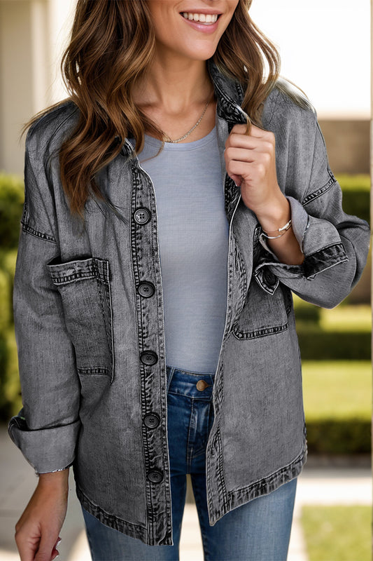 Blue Zone Planet | Button Up Long Sleeve Denim Jacket-TOPS / DRESSES-[Adult]-[Female]-Dark-S-2022 Online Blue Zone Planet