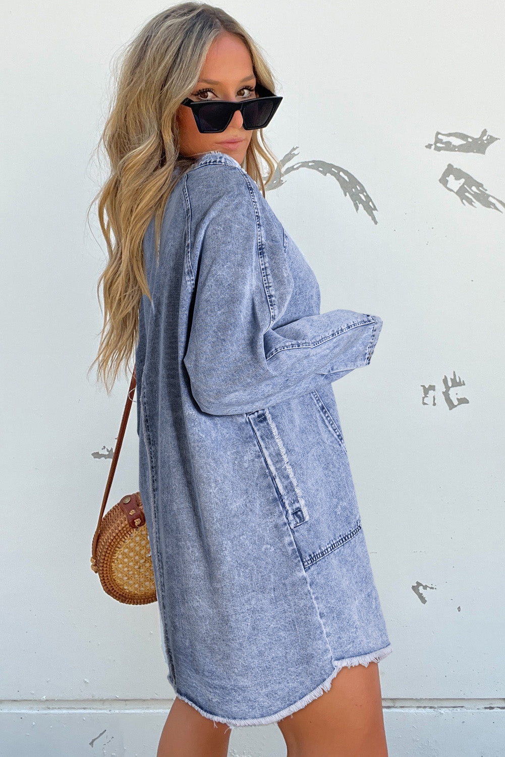 Beau Blue Mineral Wash Long Sleeve Button Up Raw Hem Pocketed Denim Dress-Dresses/Mini Dresses-[Adult]-[Female]-2022 Online Blue Zone Planet