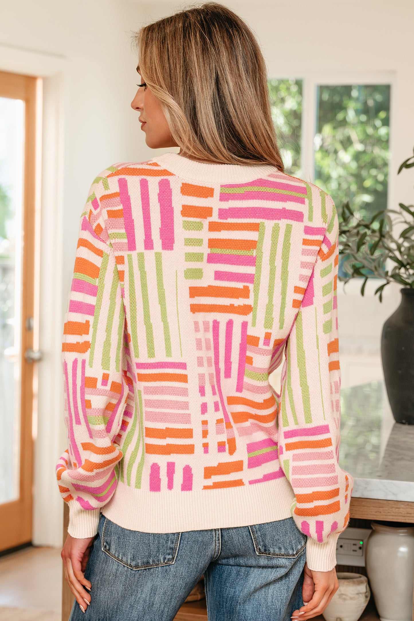 Rose Love Lines Pattern Crew Neck Puff Sleeve Sweater-TOPS / DRESSES-[Adult]-[Female]-2022 Online Blue Zone Planet