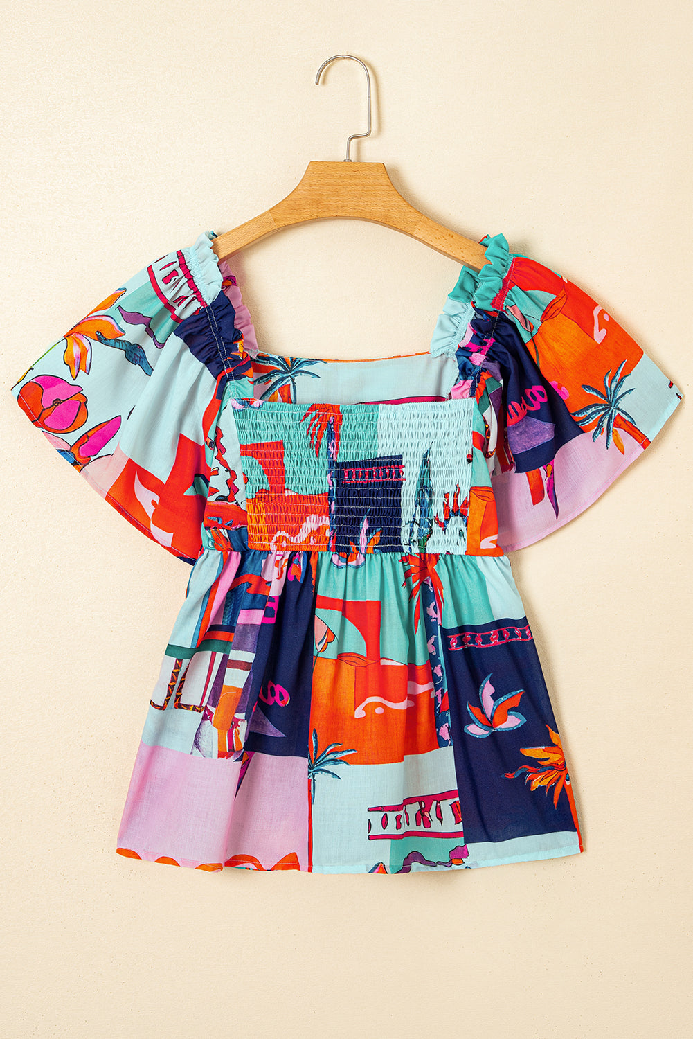Sky Blue Tropical Printed Square Neck Flutter Sleeve Babydoll Blouse-Tops/Blouses & Shirts-[Adult]-[Female]-2022 Online Blue Zone Planet