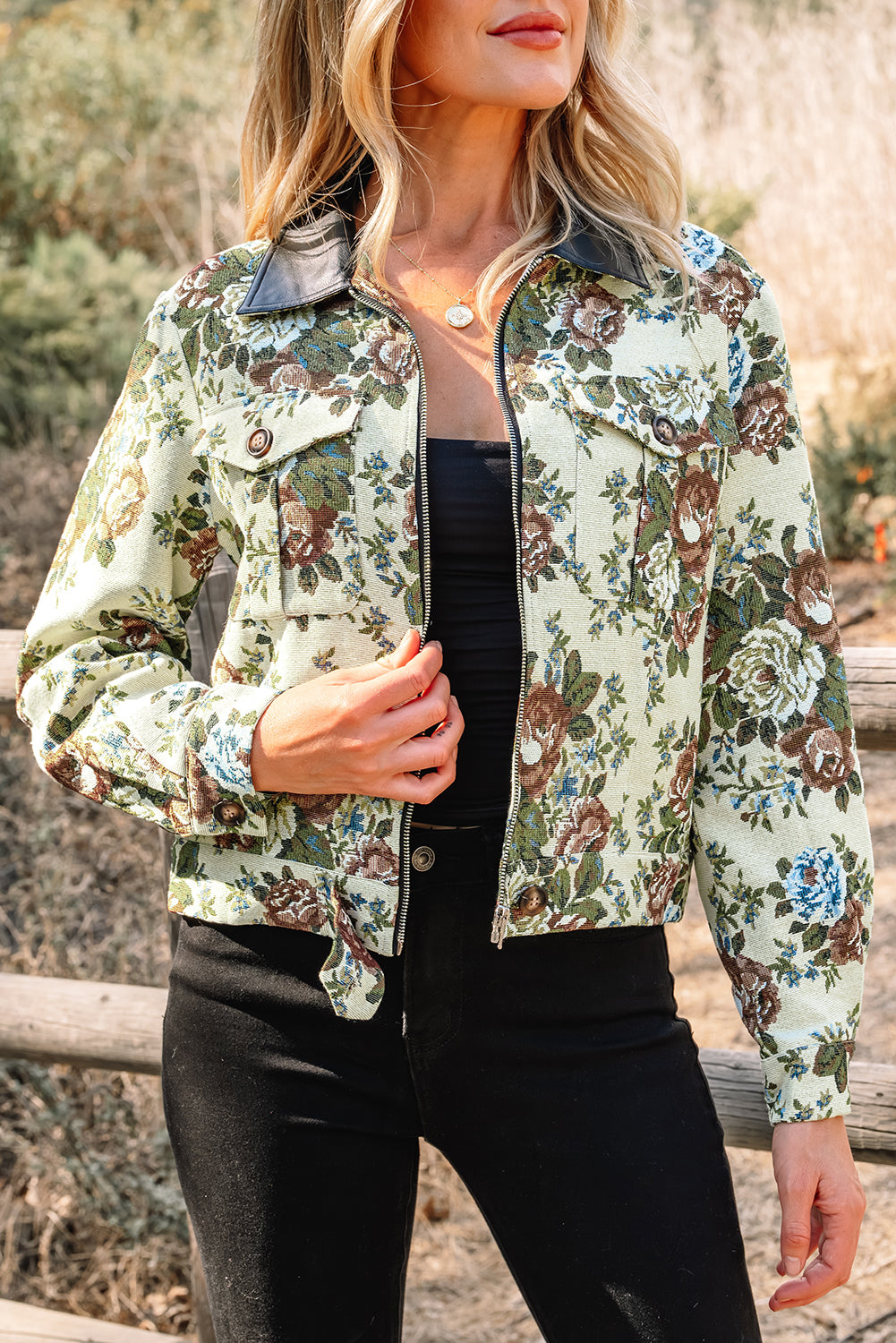 Khaki Floral Print Zip Up Contrast Collared Jacket-Outerwear/Jackets-[Adult]-[Female]-2022 Online Blue Zone Planet