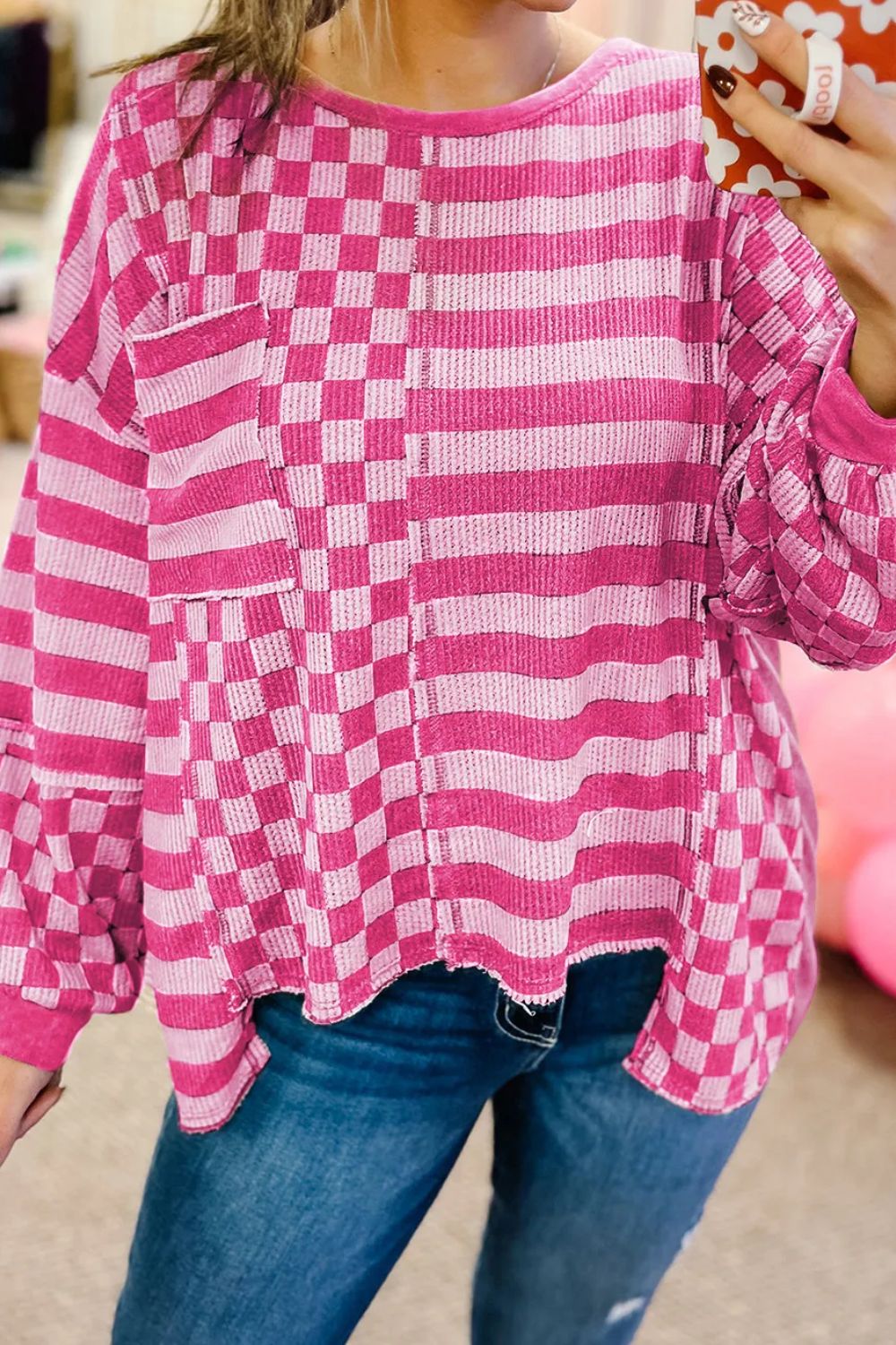 Blue Zone Planet | Checker & Stripes Round Neck Long Sleeve Blouse-TOPS / DRESSES-[Adult]-[Female]-Hot Pink-XL-2022 Online Blue Zone Planet