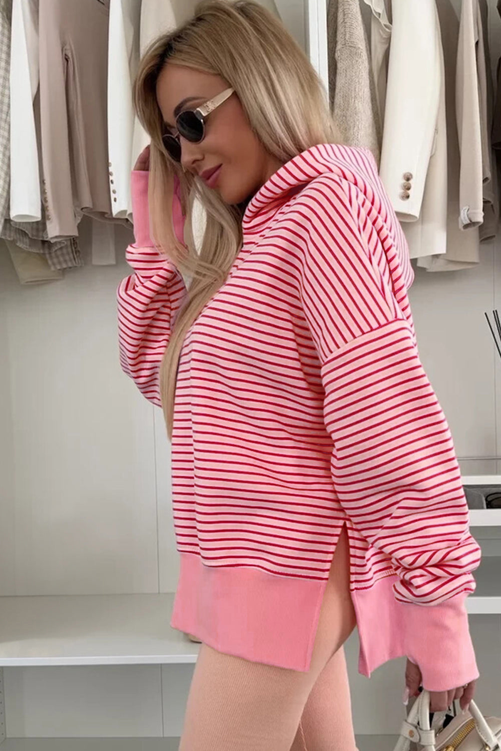Rose Stripe Thumbhole Side Slits Drop Shoulder Loose Fit Hoodie-Tops / Dresses-[Adult]-[Female]-2022 Online Blue Zone Planet