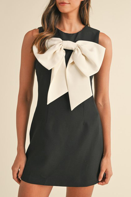 Black Contrast Bowknot Applique Crew Neck Sleeveless Mini Dress-TOPS / DRESSES-[Adult]-[Female]-Color black-S-2022 Online Blue Zone Planet