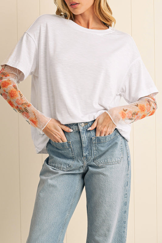 Black Floral Mesh Sleeve Fake Two-Piece Top-Long Sleeve Tops-[Adult]-[Female]-White-S-2022 Online Blue Zone Planet