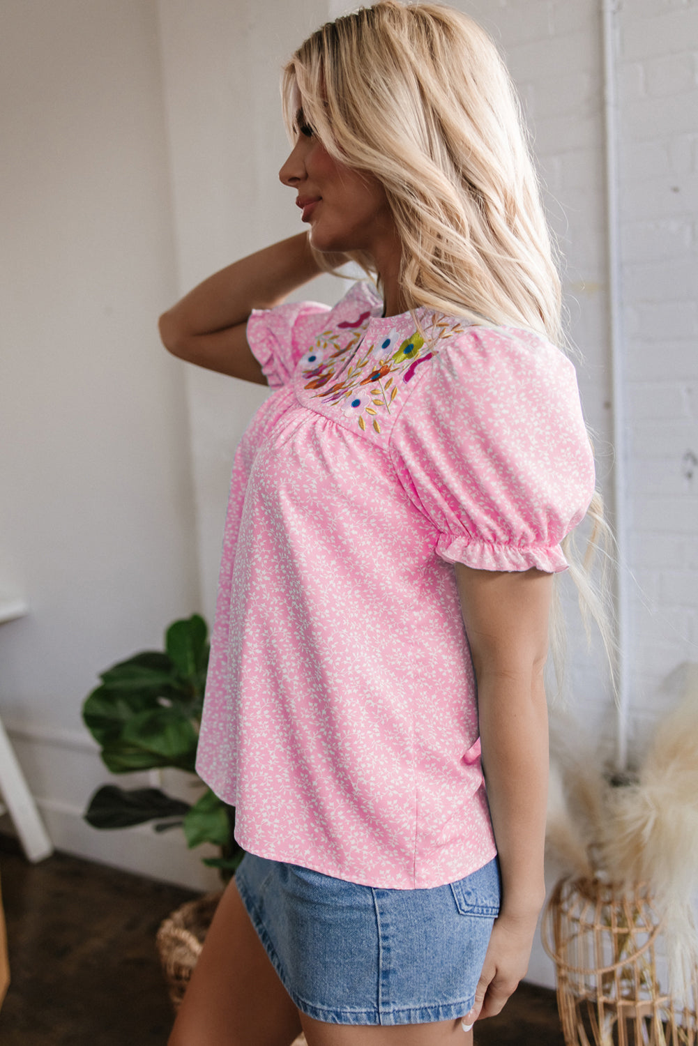 Pink Floral Embroidered Puff Sleeve Notched V Neck Blouse-Tops/Blouses & Shirts-[Adult]-[Female]-2022 Online Blue Zone Planet