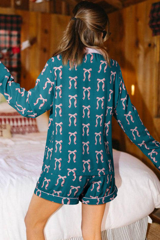 Green Ribbon Bow Print Silky Long Sleeve Shirt and Shorts 2pcs Pajama Set-Loungewear & Sleepwear/Sleepwear-[Adult]-[Female]-2022 Online Blue Zone Planet
