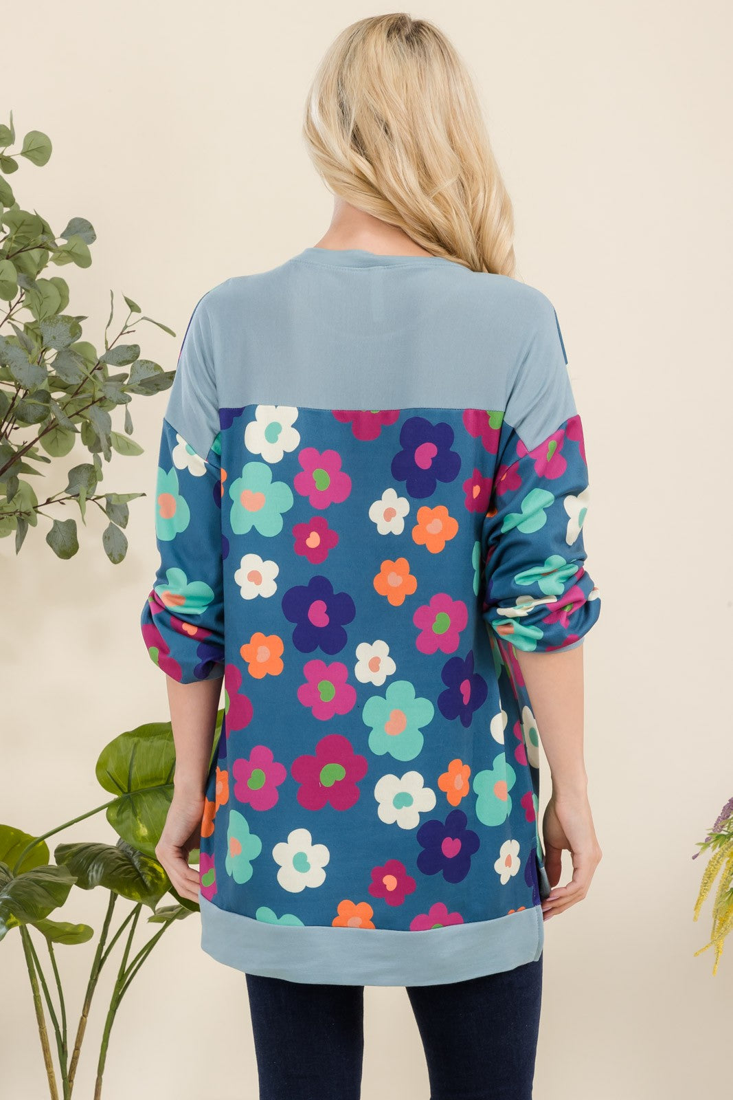 Blue Zone Planet | Celeste Full Size Side Slit Flower Print Long Sleeve Top-TOPS / DRESSES-[Adult]-[Female]-2022 Online Blue Zone Planet